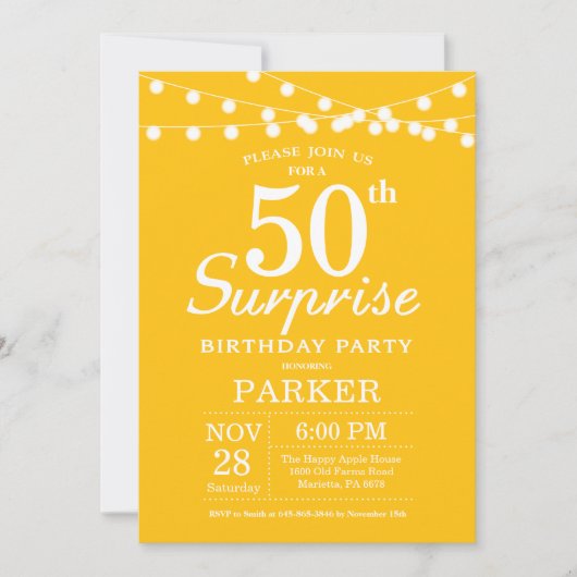 Surprise 50th Birthday Invitation Yellow Kaart (Voorkant)