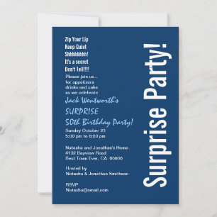 SURPRISE 50th Birthday Modern Navy Blue White Kaart
