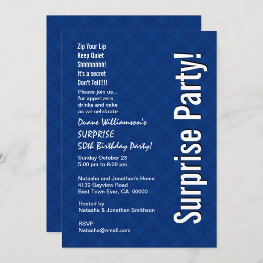 SURPRISE 50th Birthday Modern Royal Blue Ver 005 Kaart (Voorkant / Achterkant)