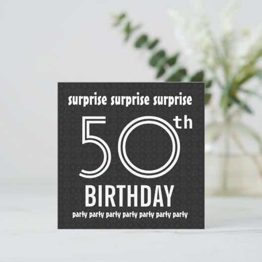 SURPRISE 50th Birthday Party Black White W1436 Kaart (Staand voorkant)