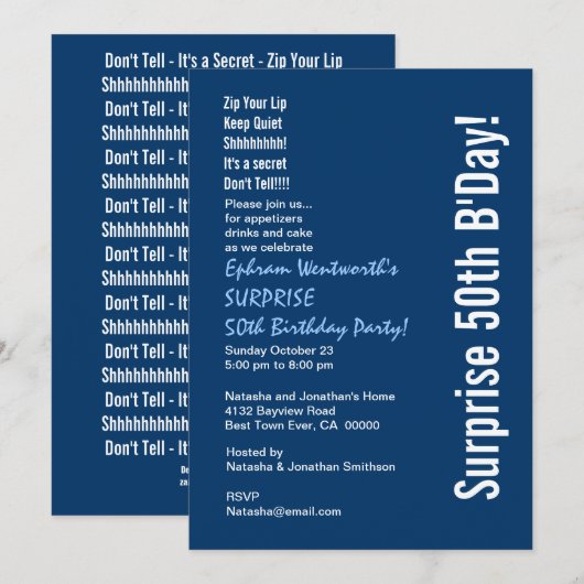 SURPRISE 50th Birthday Party Modern Blue and White Kaart (Voorkant / Achterkant)