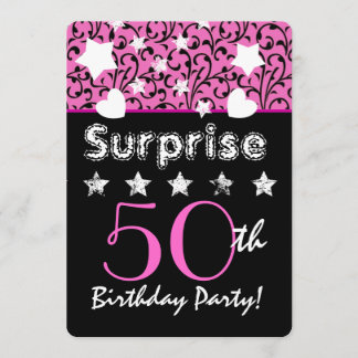 SURPRISE 50th Birthday Pink Swirls Hearts Stars Kaart