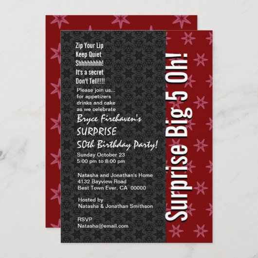 SURPRISE 50th Birthday Red en Black Stars B401 Kaart (Voorkant / Achterkant)