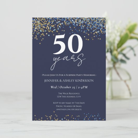 Surprise 50th Jubileum Blauw en Goud Kaart (Staand voorkant)