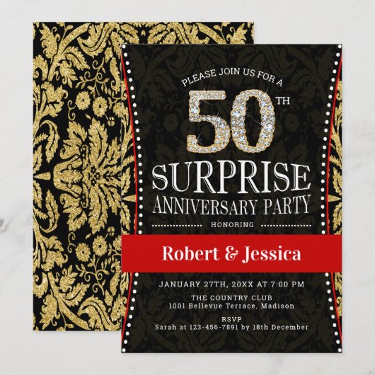 Surprise 50th Jubileum Party - Goud Zwart Rood Kaart (Voorkant / Achterkant)