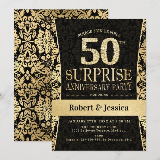 Surprise 50th Jubileum Party - Gouden Zwart Kaart (Voorkant / Achterkant)
