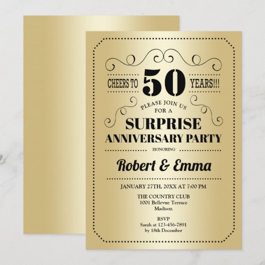 Surprise 50th Jubileum Party - Gouden Zwart Kaart (Voorkant / Achterkant)