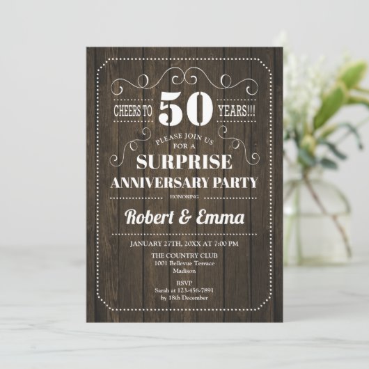 Surprise 50th Jubileum Party - Rustic Wood Kaart (Staand voorkant)