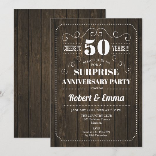 Surprise 50th Jubileum Party - Rustic Wood Kaart (Voorkant / Achterkant)