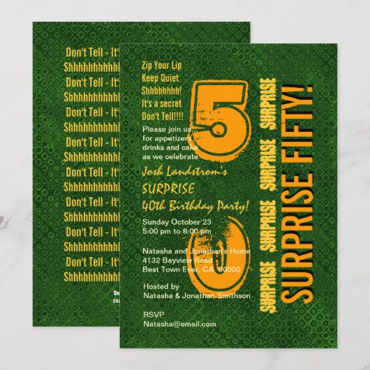 SURPRISE 50th Modern Birthday Green and Gold C831 Kaart (Voorkant / Achterkant)