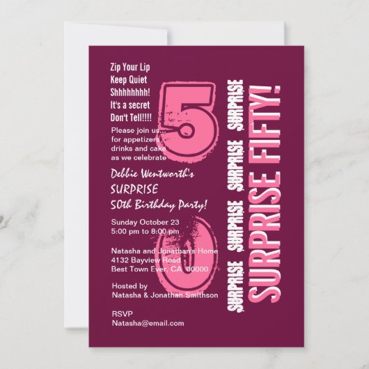 SURPRISE 50th Modern Birthday Pink Burgundy Wine Kaart (Voorkant)
