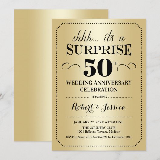 Surprise 50th Wedding Jubileum - Goud Zwart Kaart (Voorkant / Achterkant)
