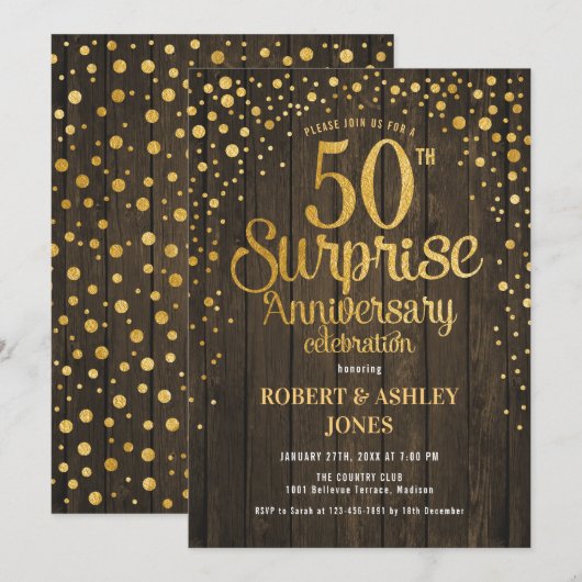 Surprise 50th Wedding Jubileum - Hout & Goud Kaart (Voorkant / Achterkant)