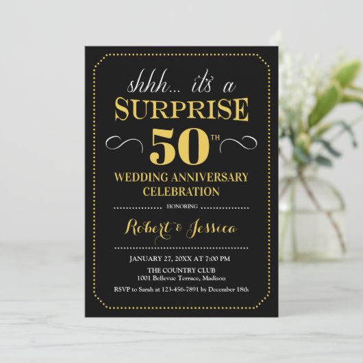 Surprise 50th Wedding Jubileum - Zwart Goud Kaart (Staand voorkant)
