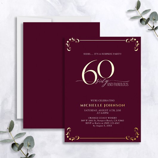 Surprise 60 & Fabulous Burgundy & Gold Birthday Folie Uitnodiging