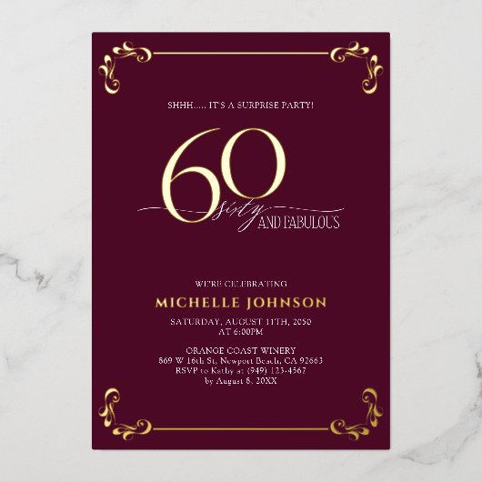 Surprise 60 & Fabulous Burgundy & Gold Birthday Folie Uitnodiging