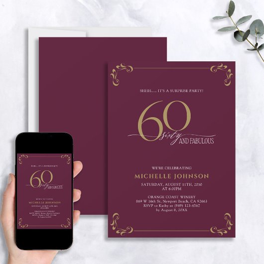 Surprise 60 & Fabulous Burgundy & Gold Birthday Kaart