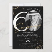Surprise 60th Birthday Black Gold Photo Invitation Kaart (Voorkant)