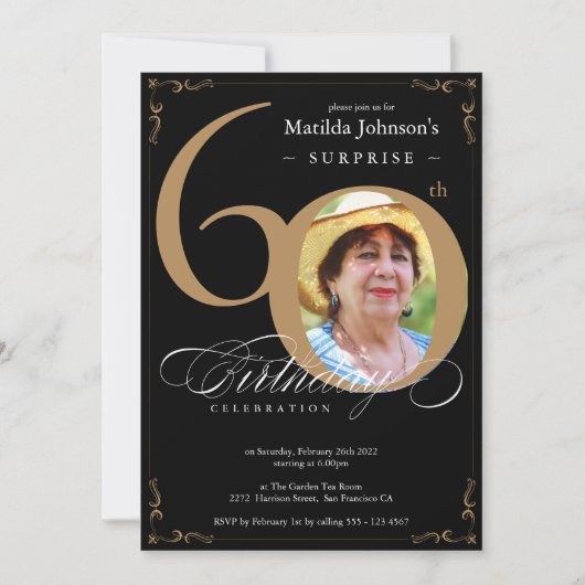 Surprise 60th Birthday Elegant Black Gold Photo Kaart (Voorkant)