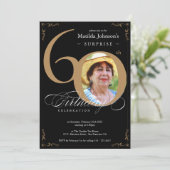 Surprise 60th Birthday Elegant Black Gold Photo Kaart (Staand voorkant)