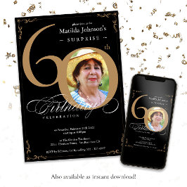 Surprise 60th Birthday Elegant Black Gold Photo Kaart
