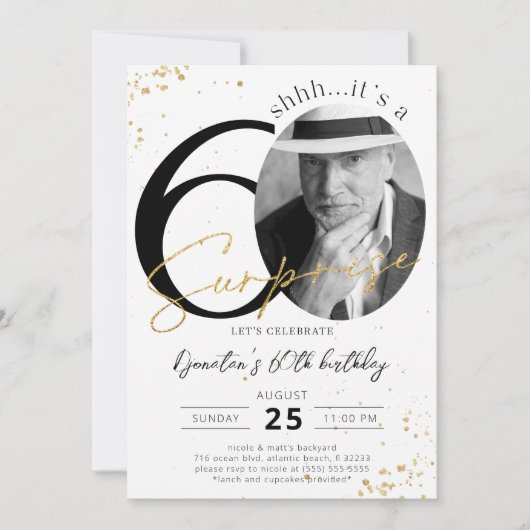 Surprise 60th Birthday Gold Photo Invitation Kaart (Voorkant)