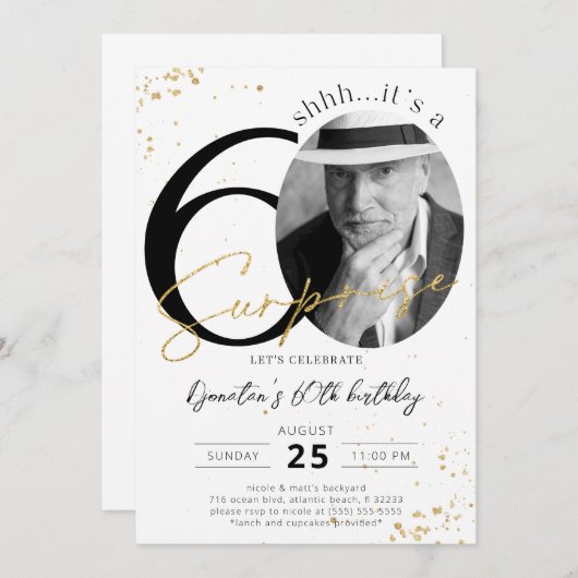 Surprise 60th Birthday Gold Photo Invitation Kaart (Voorkant / Achterkant)