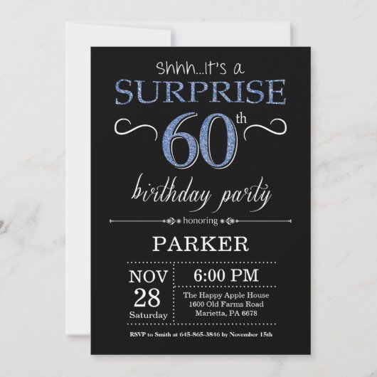 Surprise 60th Birthday Invitation Black and Blue Kaart (Voorkant)