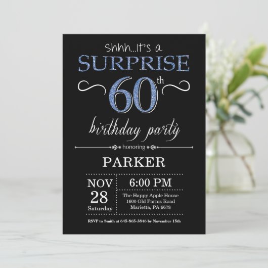 Surprise 60th Birthday Invitation Black and Blue Kaart (Staand voorkant)