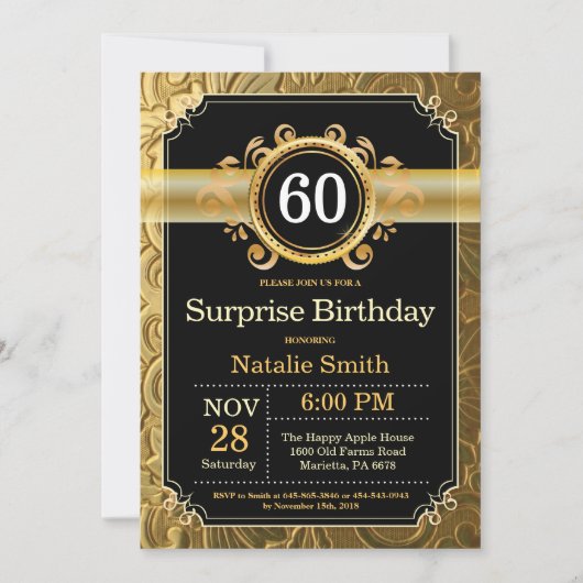Surprise 60th Birthday Invitation Black and Gold Kaart (Voorkant)