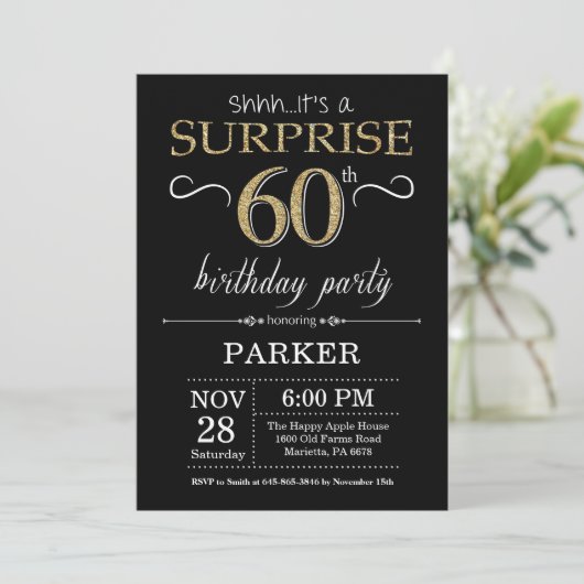 Surprise 60th Birthday Invitation Black and Gold Kaart (Staand voorkant)