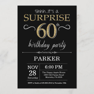 Surprise 60th Birthday Invitation Black and Gold Kaart