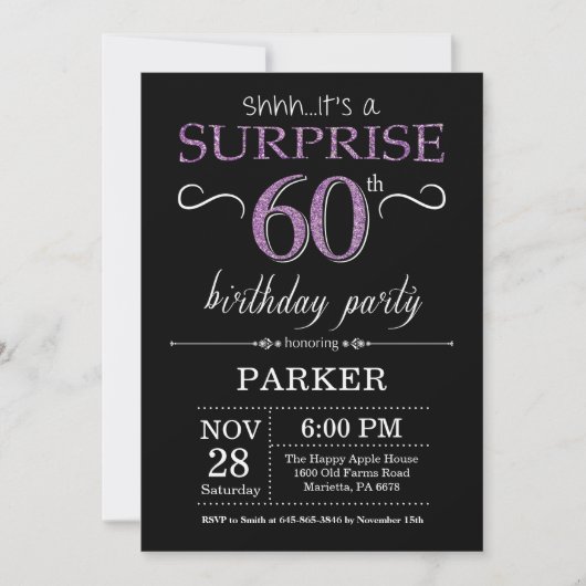 Surprise 60th Birthday Invitation Black and Paars Kaart (Voorkant)