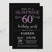 Surprise 60th Birthday Invitation Black and Paars Kaart (Voorkant / Achterkant)