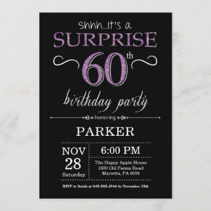 Surprise 60th Birthday Invitation Black and Paars Kaart