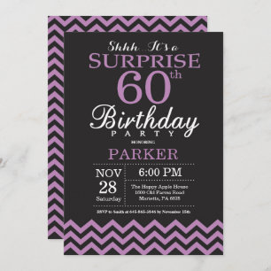 Surprise 60th Birthday Invitation Black and Paars Kaart