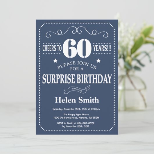 Surprise 60th Birthday Invitation Blue and White Kaart (Staand voorkant)