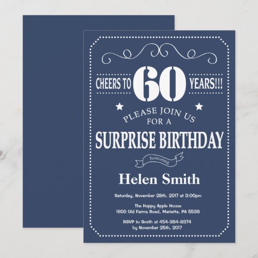 Surprise 60th Birthday Invitation Blue and White Kaart (Voorkant / Achterkant)