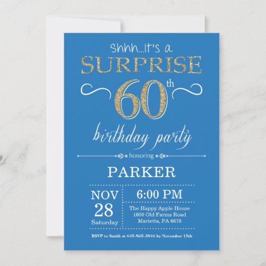 Surprise 60th Birthday Invitation Blue en Gold Kaart (Voorkant)