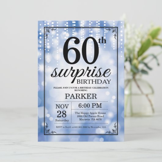 Surprise 60th Birthday Invitation Blue Glitter Kaart (Staand voorkant)