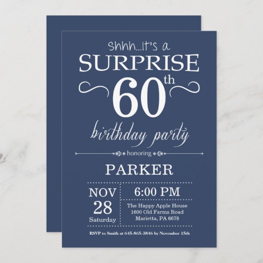 Surprise 60th Birthday Invitation Blue Kaart (Voorkant / Achterkant)
