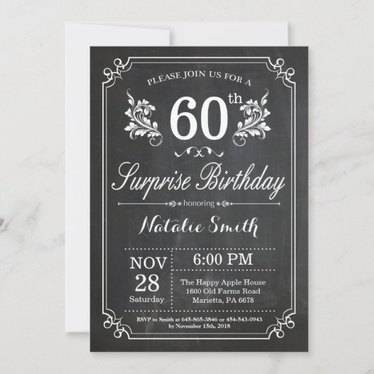 Surprise 60th Birthday Invitation Chalkboard Kaart (Voorkant)