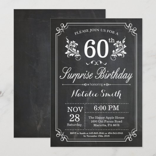 Surprise 60th Birthday Invitation Chalkboard Kaart (Voorkant / Achterkant)