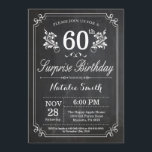 Surprise 60th Birthday Invitation Chalkboard Kaart<br><div class="desc">Verrassing 60e verjaardag uitnodiging met rustieke krijtbord achtergrond en bloemenpatroon, zwart en wit. Verjaardag voor volwassenen. Verjaardag van Mannen of vrouwen. Kinder jongen of meisje dame tiener Bday Nodig uit. 13e 15e 16e 18e 20e 21e 30e 40e 50e 60e 70e 80e 90e 100e. Elke leeftijd. Voor verdere aanpassing klikt u...</div>