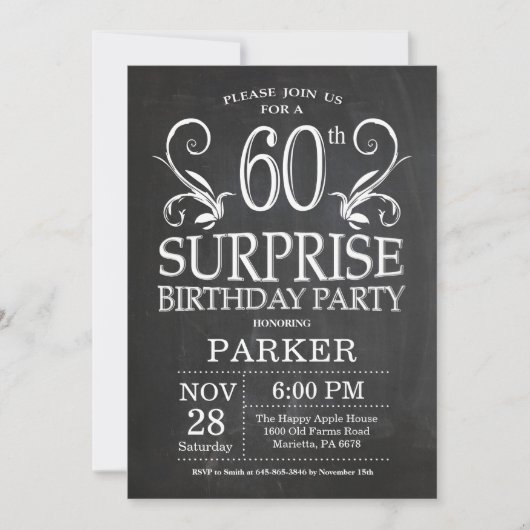 Surprise 60th Birthday Invitation Chalkboard Kaart (Voorkant)