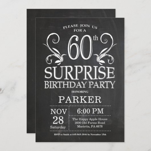 Surprise 60th Birthday Invitation Chalkboard Kaart (Voorkant / Achterkant)