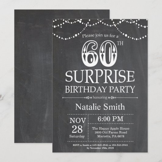 Surprise 60th Birthday Invitation Chalkboard Kaart (Voorkant / Achterkant)