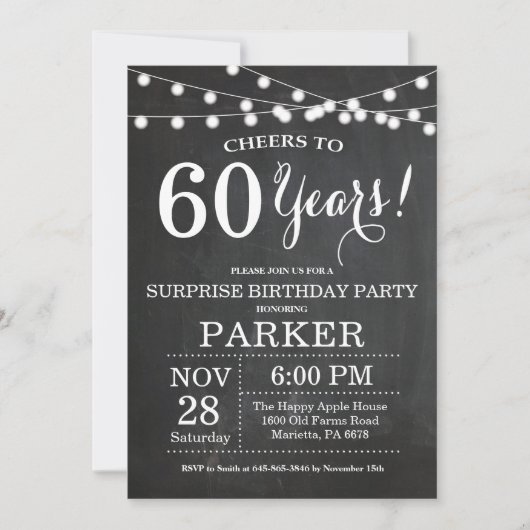 Surprise 60th Birthday Invitation Chalkboard Kaart (Voorkant)