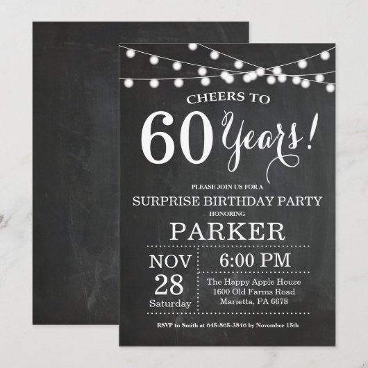 Surprise 60th Birthday Invitation Chalkboard Kaart (Voorkant / Achterkant)