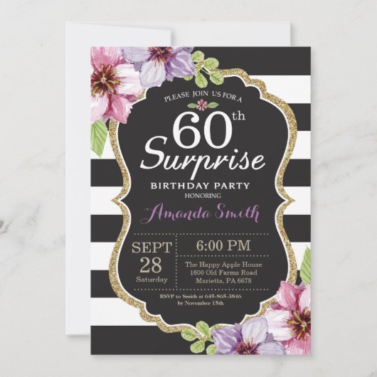 Surprise 60th Birthday Invitation Floral Gold Kaart (Voorkant)